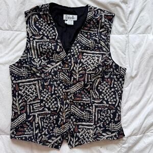 Vintage 90s womens M waistcoat linen artsy abstract print funky unique academia
